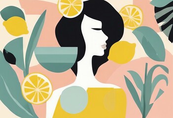 'contemporary posters art colors elements woman summer Abstract retro cut Female Collection Fashion abstract shape / silhouette pastel lemons shapes portrait background paper pottery'
