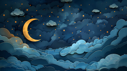 night sky with stars and moon. paper art style. dreamy background with moon stars and clouds, abstra