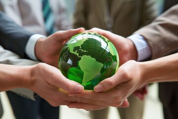 Explore the synergy of sustainability and business with this eco-friendly image. People holding a green globe symbolize responsible practices for a brighter financial future.