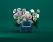 Green blue armchair with colorful flowers on dark green background. Advertisement idea. Creative composition. 3d render, social media and sale concept	