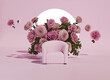 Pink armchair with colorful flowers on pastel background. Advertisement idea. Creative composition. 3d render, social media and sale concept	