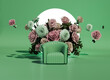 green armchair with colorful flowers on pastel green background. Advertisement idea. Creative composition. 3d render, social media and sale concept	