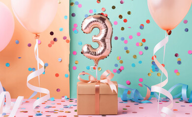 Wall Mural - Number 3 Birthday Box with Balloon Surprise