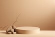 minimalist design with a light beige background, round podium, and stones. Inspired by minimalist designers