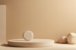 minimalist design with a light beige background, round podium, and stones. Inspired by minimalist designers