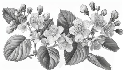 In the style of a vintage botanical illustration, this monochrome drawing depicts linden leaves and a beautiful blooming blossom. A medicinal plant hand drawn with contour lines on a white