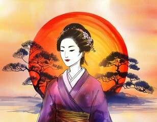 Wall Mural - Japanese woman in national costume kimono. Geisha on the background with a large circle symbolizing the rising sun. Painting in the style of watercolor painting or sketch. Illustration for design.