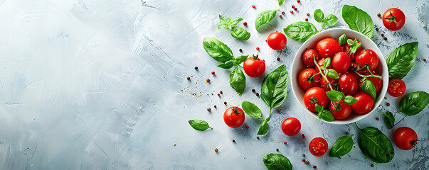 Wall Mural - Fresh organic tomatoes and basil herb leaves on a white background with copy space.