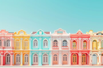 A row of colorful buildings with a colorful sky in the background