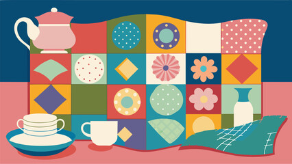 Wall Mural - A quirky quilt made from repurposed fabrics serves as a backdrop for a set of delicate ceramic dishes and pottery.. Vector illustration