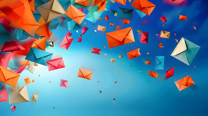 Poster - Colorful paper envelopes flying in the blue sky. Astract background for Thank a Mailman Day, appreciation for postal workers