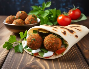 Poster - Indulge in the delectable fusion of a Falafel Pita Sandwich featuring spicy meatballs, crispy falafel, fresh vegetables and herb infused goodness, all wrapped in a soft flatbread