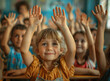 © Duka Mer - Happy children raising their hands in class, symbolizing the importance and inspiration that learning brings to them, under natural lighting and sharp focus.