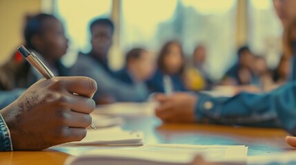 Wall Mural - close up of businessman hand holding pen, sitting in conference room with group of people.