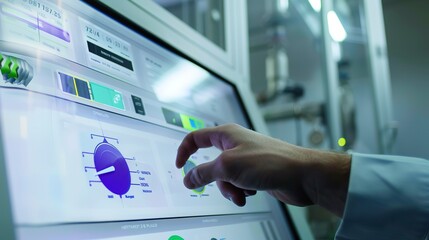 Poster - Technician monitoring energy consumption on a digital dashboard, close-up of screen and fingers, office light. 