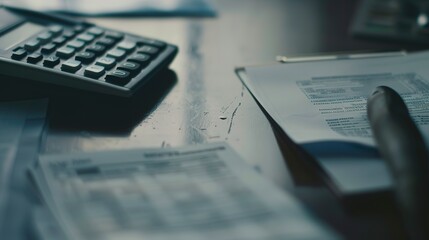 Poster - Close-up of a calculator and financial documents, intense focus, harsh office light -