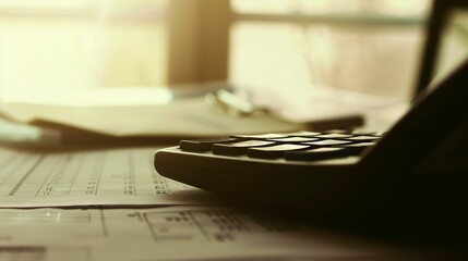 Sticker - Close-up of a calculator and financial documents, intense focus, harsh office light 