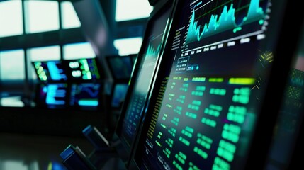 Poster - close-up of a bustling stock exchange terminal, active screens, vibrant backlight