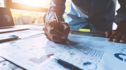 Poster - Entrepreneur sketching business plan, close-up on hands and paper, bright inspired lighting