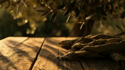 Wall Mural - Wooden table with blanket on it and tree in background