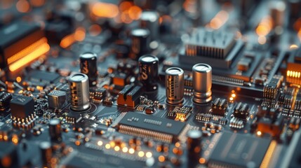 Wall Mural - An intricate close-up of a circuit board showing a dense layout of capacitors, microchips, and glowing elements, highlighting advanced technology.