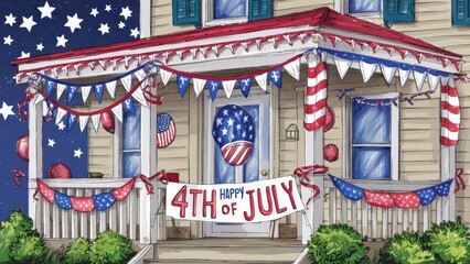 Illustration of a cozy home festively decorated for the 4th of July. Postcard for 4th of July, US Independence Day.
Illustration of 4th of July Background with American flag
