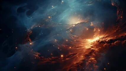 Wall Mural - Colorful space scene with bright orange cloud in middle