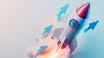 Poster - A stylized rocket launch with arrows symbolizing growth on a light blue background, depicting the concept of a startup. Generative AI