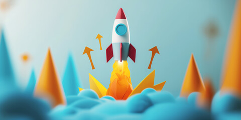 Poster - Animated rocket launching amidst clouds with arrows, on a blue background, symbolizing business startup and growth. Generative AI