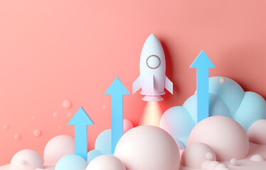 Poster - A rocket launching amidst arrows and spheres, illustrating a startup concept on a pink background, Generative AI