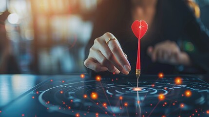 Businesswoman holding red arrow dart to target dart board, Targeting the business concept