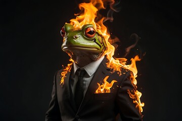 frogs wearing suits emit fire