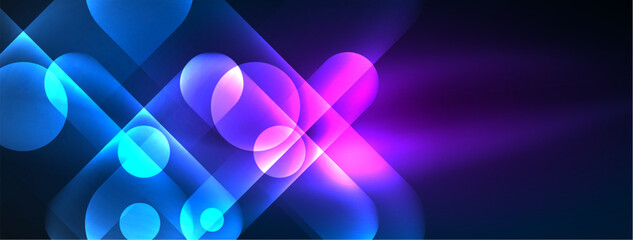 Poster - Colorfulness and visual effect lighting with glowing circles on a dark blue and purple background. The patterns feature electric blue, neon, magenta, and violet hues, creating a captivating display