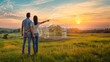 Conceptual image of a couple with a virtual house design in the background, smart construction technology