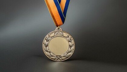 a gold medal with an orange, blue and yellow ribbon