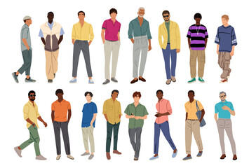 Wall Mural - Multiracial Set of stylish men different ages wearing summer street fashion outfit. Business men in smart casual office clothes. Vector realistic illustrations isolated on transparent background.