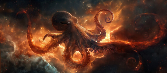 Wall Mural - Tentacles of a cosmic octopus swirl through the starry expanse of a space nebula, digital painting illustration.
