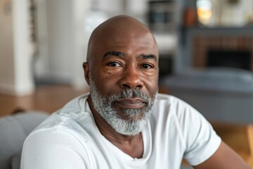 A close up portrait of a bald African man wearing white shirt and gray beard looking at camera in a home interior room.