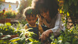 A young mother and her toddler engaging in gardening activities in their lush backyard. The image captures a moment of bonding over the simple joy of planting, surrounded by greenery in warm, natural 