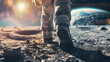 A dramatic depiction of an astronaut exploring the rocky terrain of an alien planet. The image shows the astronaut's boots stepping forward, illuminated by the surreal glow of a nearby celestial body