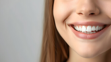 close-up view of a young woman's cheerful smile, showcasing her perfect white teeth and the lower ha