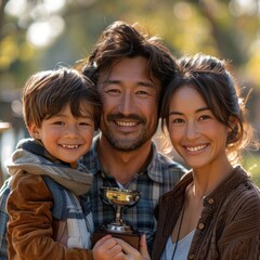 An outstanding child carrying a trophy in his hand takes a photo with his parents, with a gesture on the face of the parents who are happy and proud of their child's victory