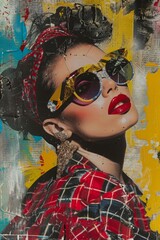  A retro collage of vintage fashion, geometric shapes and a beautiful woman's face. contemporary pop art design 80s cover.