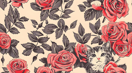 Sticker - cute kitten cat roses illustration pink soft light floral background wallpaper pattern