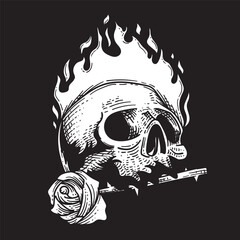 Sticker - Skull and rose on fire. Vector illustration in sketch style
