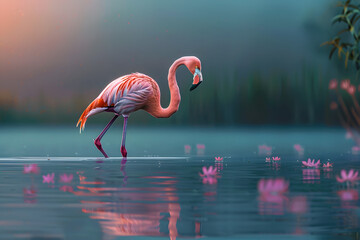 Wall Mural - Flamingo Stand in The Water With Beautiful background Nature 4K Wallpaper