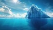 An icebergs tip and submerged section glisten in the sunlit North Sea. copy space for text.