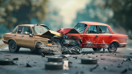 A conceptual 3D rendering of two cars crashed in an accident, emphasizing the importance of insurance in vehicular mishaps.

