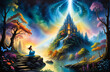 Woman Gazing at Magical Castle in Fantasy Landscape