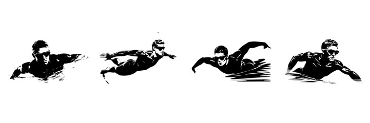 Wall Mural - Black and white silhouettes of the swimmer 